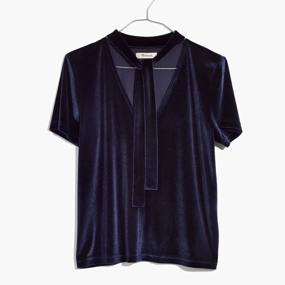 Madewell Velvet Tie Neck Top Nightfall Blue Size Small
